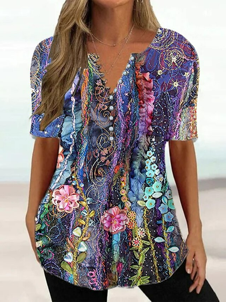 

Floral Casual Loose V Neck Shirt, Purple, Shirts & Blouses