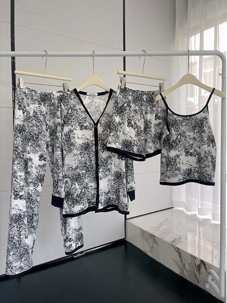 

Women Breathable Comfortable Tie-Dye Ink 4-Piece Pajamas Set, As picture, Loungewear & Sleepwear