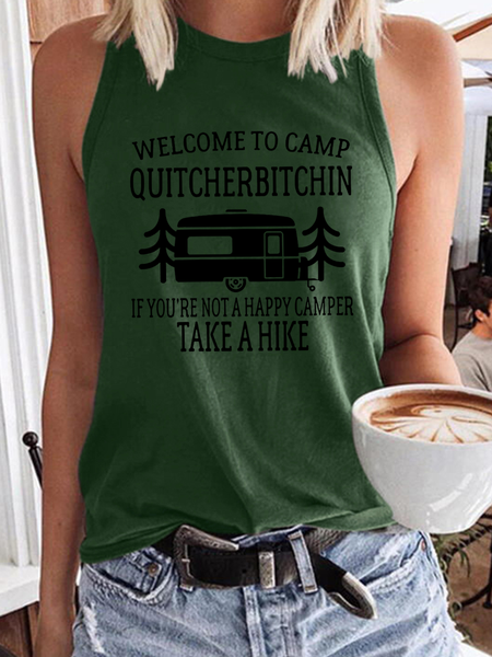 

Welcome to Camp Quitcherbitchin Hiking rip Regular Fit Letter Knit, Green, Tank Tops