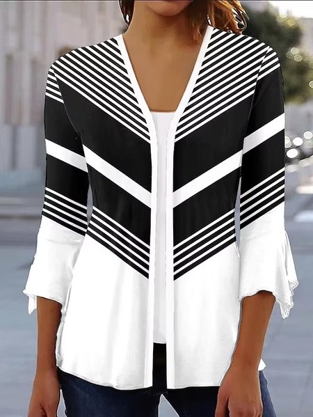 

V Neck Loose Color Block Flare Sleeve Casual Kimono, Black, Cardigans