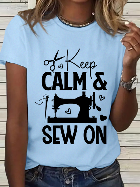 

Women's Cotton Keep Calm and Sew On Loose Simple T-Shirt, Light blue, T-shirts
