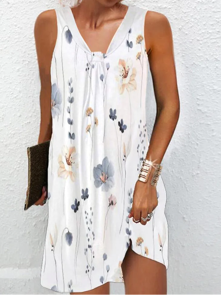 

Casual Floral Dress With No Belt, White, Dresses
