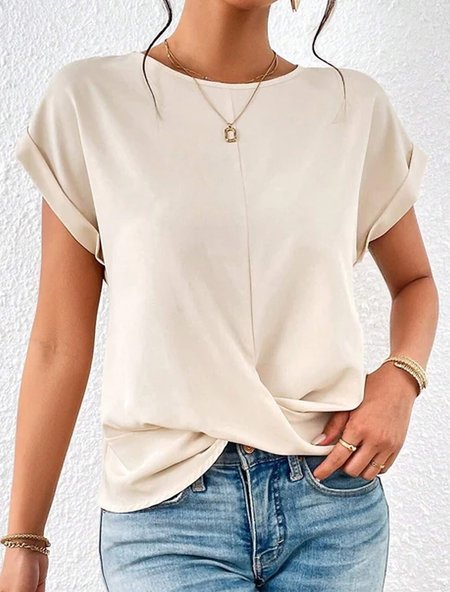 

Loose Knot Front Casual Plain T-Shirt, Apricot, T-Shirts