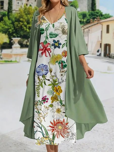 

Elegant Floral Wrap Loose Two-Piece Set, Green, Suit Set