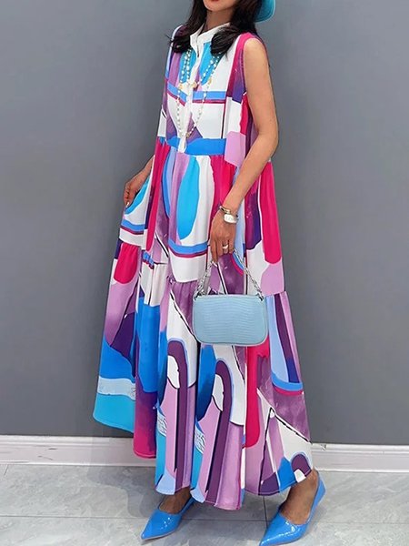 

Vacation Abstract Graphic Stand Collar Dress, Multicolor, Maxi Dresses