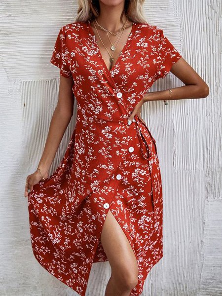 

V Neck Lace-Up Buttoned Floral Elegant Dress With No, Red, Dresses