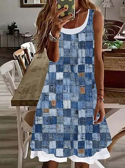 

Loose Geometric Casual Crew Neck Dress With No Belt, Blue, Dresses