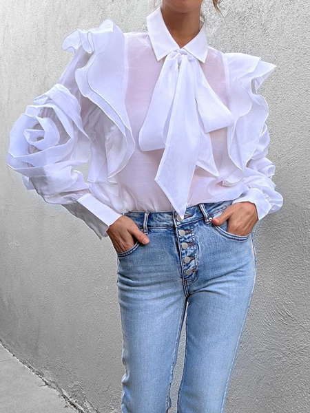 

Shirt Collar Ultra lightweight Loose Long sleeve Elegant Blouse, White, Blouses and Shirts