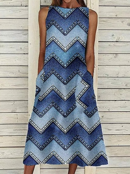 

Crew Neck Geometric Casual Dress With No Belt, Blue, Denim Dresses