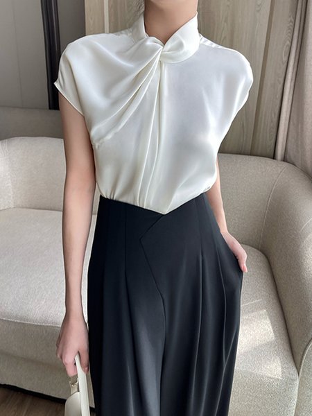 

Regular Fit Stand Collar Elegant Blouse, White, Blouses and Shirts
