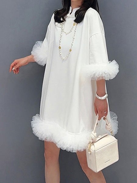 

Stand Collar Elegant Plain Loose Dress, White, Mini Dresses