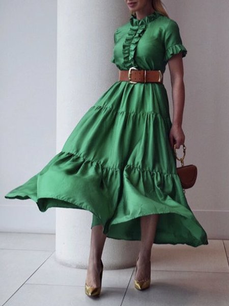 

Regular Fit Lotus Leaf Collar Plain Elegant Dress With Belt, Green, Maxi Dresses