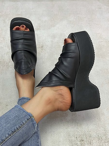 

Ruched Platform Wedge Sandals, Black, Sandals