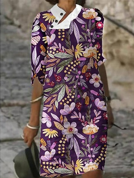

Loose Floral Casual Dress With No Belt, Purple, Dresses