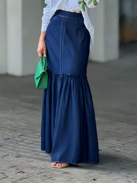 

Loose Lightweight Plain Urban Faux Denim Maxi Skirt, Denim blue, Denim Skirts