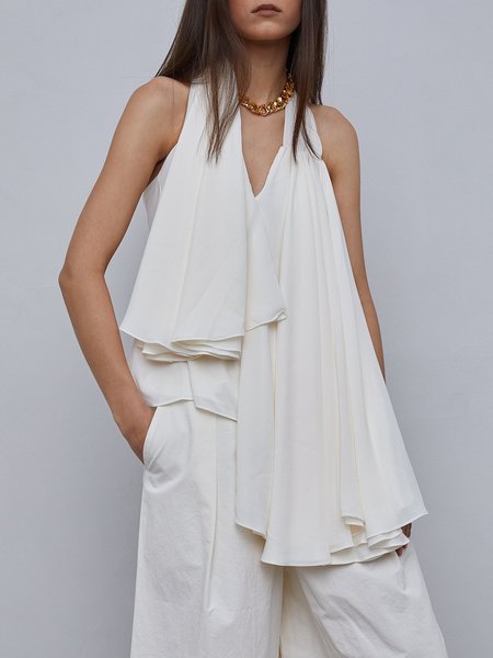 

Halter Plain Loose Tank Sleeveless Top, White, Tanks and Camis