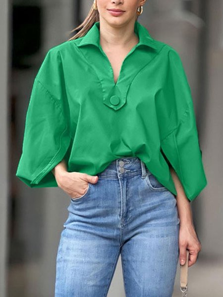 

Loose Shirt Collar Urban Plain Blouse, Green, Blouses and Shirts