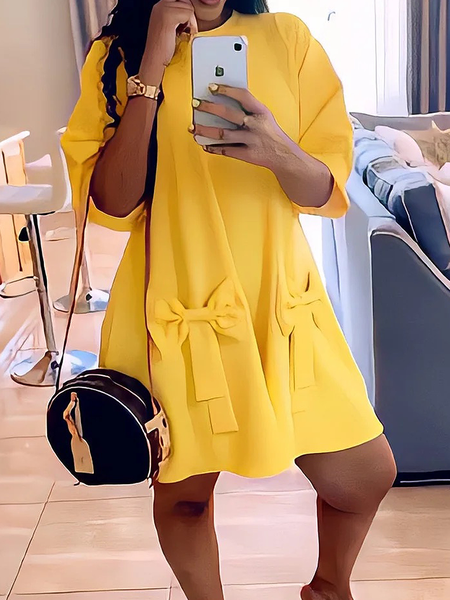 

Elegant Lightweight Crew Neck Short sleeve Loose Dress, Yellow, Mini Dresses