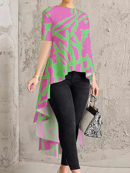 

Loose Crew Neck Short sleeve Urban Mid-long Shirt, As picture, Blouses and Shirts