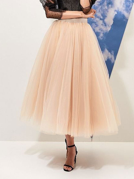 

Loose Ultra lightweight Elegant Plain Midi Skirt, Pink, Skirts