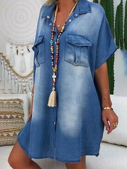 

Casual Fashion Shirt Denim Dress Holiday Daily Women Clothing, Blue, Dresses