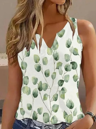 

Floral Loose Casual V Neck Tank Top, White, Tanks & Camis