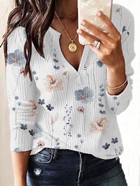 

Casual V Neck Knitted Loose Flora lT-Shirt, White, T-Shirts
