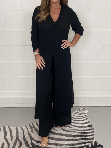 

Women's Breathable Comfortable Loose Regular Sleeve V-Neck Simple Chiffon Two-piece Set, Black, Suit Set