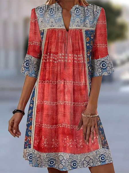 

V Neck Ethnic Loose Casual Dress, Red, Dresses