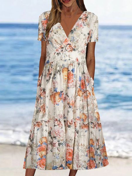 

Elegant Floral V Neck Dress, Orange, Dresses