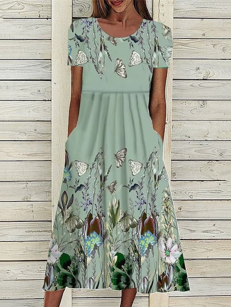 

Floral Casual Crew Neck Loose Dress, Green, Dresses