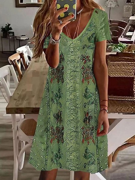 

Ethnic Casual V Neck Dress, Green, Dresses