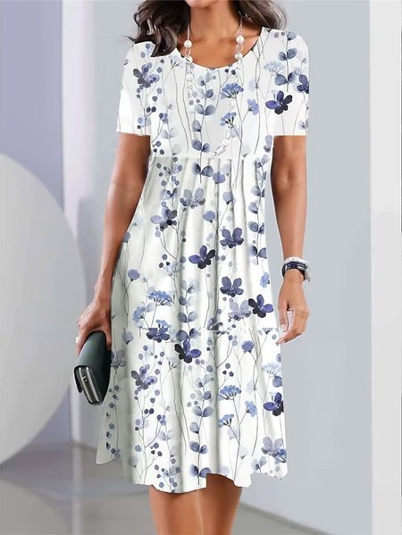 

Loose Cotton Casual Floral Dress, White, Elegant Dresses