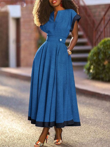 

Color Block Urban V Neck Faux Denim Dress, Blue, Maxi Dresses