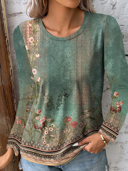 

Casual Long Sleeve Crew Neck T-Shirt, Green, Long sleeves
