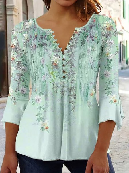 

Plus Size Floral Loose Notched Casual Buckle Shirt, Green, Shirts & Blouses