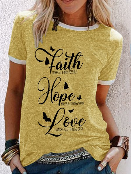 

Women's Faith Hope Love Casual Letters Crew Neck T-Shirt, Yellow, T-shirts