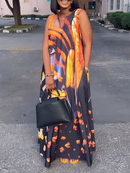 

Loose Abstract V Neck Vacation Sleeveless Dress, As picture, Maxi Dresses