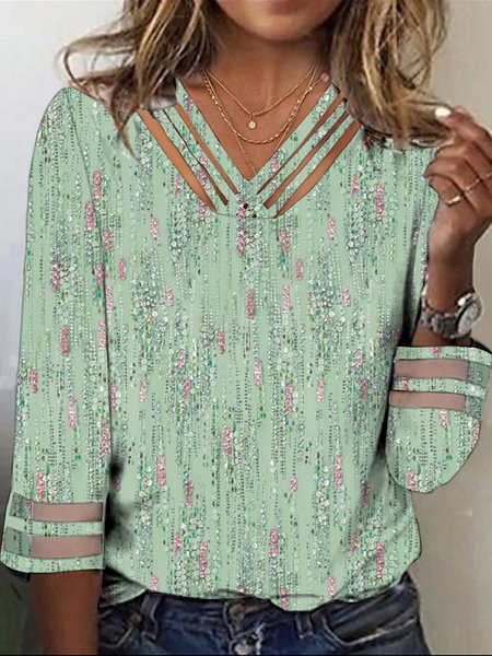 

Floral Casual Loose V Neck T-Shirt, Green, T-Shirts