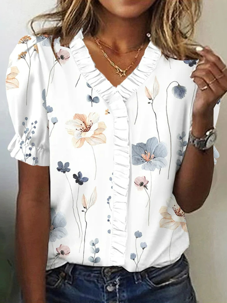 

Casual V Neck Loose Floral Shirt, White, Shirts & Blouses