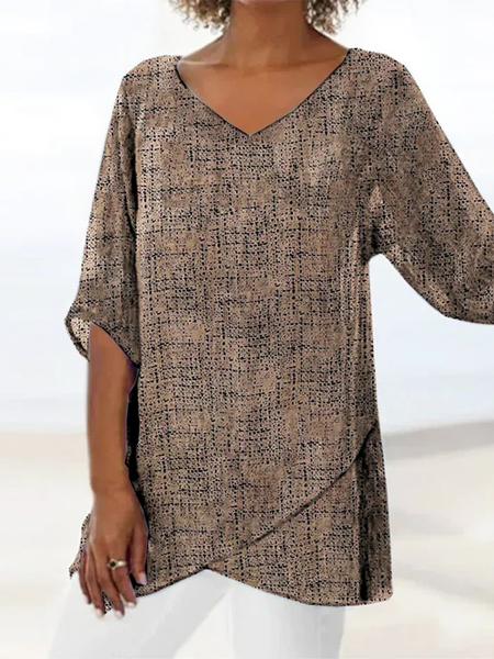 

V Neck Loose Casual Abstract Shirt, Light coffee, Shirts & Blouses