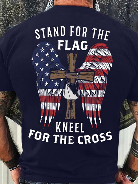 

Men's Funny Stand For The Flag Kneel For The Cross Graphic Printing Casual Text Letters Cotton Crew Neck T-Shirt, Purplish blue, T-shirts