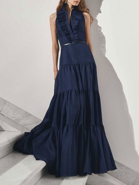 

Elegant Plain Regular Fit Stand Collar Dress With No Belt, Deep blue, Maxi Dresses