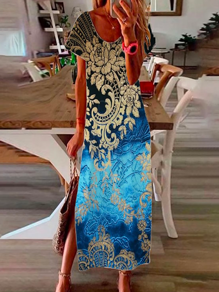 

Ethnic Crew Neck Cotton Casual Dress, Blue, Dresses