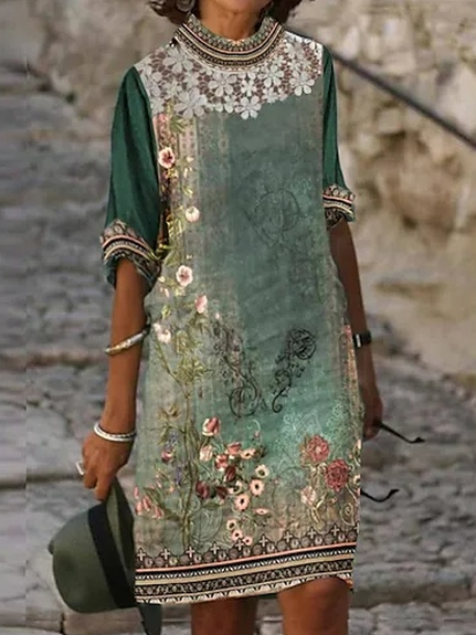 

Floral Casual Crew Neck Loose Dress With No Belt, Green, Dresses