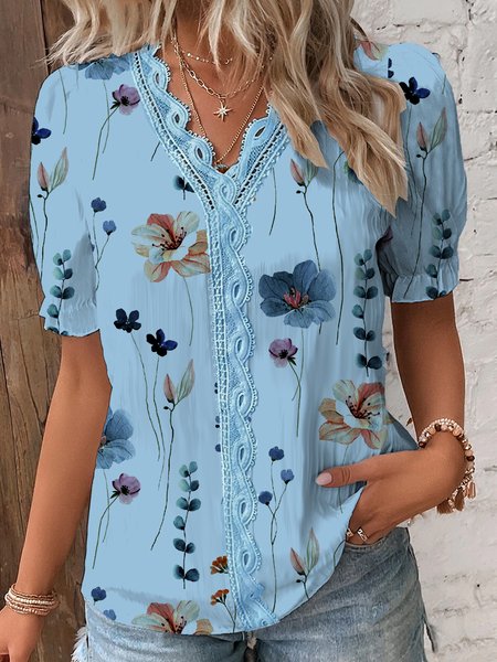 

V Neck Casual Floral Lace Blouse, Blue, Blouses