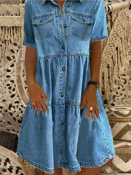

Casual Ruffle Denim Shirt Dress Urban Commuter Vacation Dress, Deep blue, Dresses