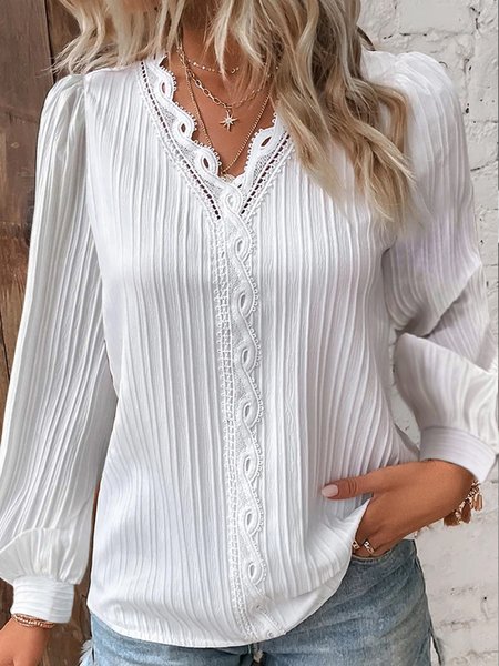 

Lantern Sleeve Elegant V Neck Shirt, White, Shirts & Blouses