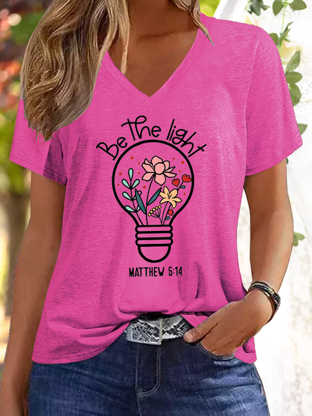 

Women's Be The Light Christian Flowers V Neck Casual Cotton-Blend T-Shirt, Rose red, T-shirts