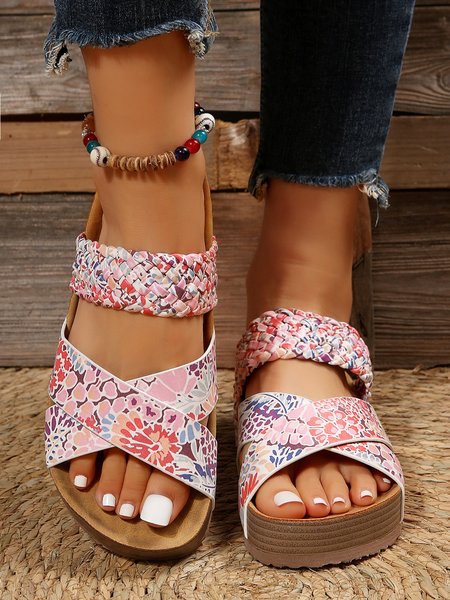 

Casual Floral Print Braided Platform Slide Sandals, Pink, Sandals